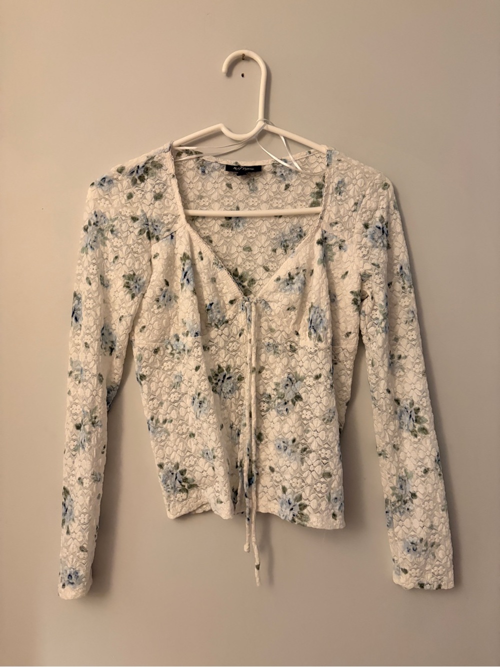 Self Esteem Lace Crochet Tie-Front Floral Top Y2K - White/Blue Small